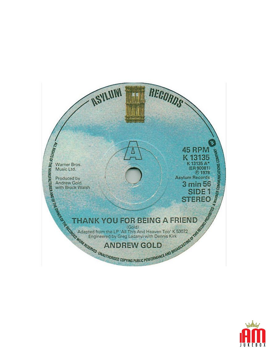 Thank You For Being A Friend [Andrew Gold] – Vinyl 7", 45 RPM, Single [product.brand] 1 - Shop I'm Jukebox 