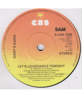 Let's Lovedance Tonight [Gary's Gang] - Vinyl 7", 45 tr/min, Single, Stéréo [product.brand] 1 - Shop I'm Jukebox 