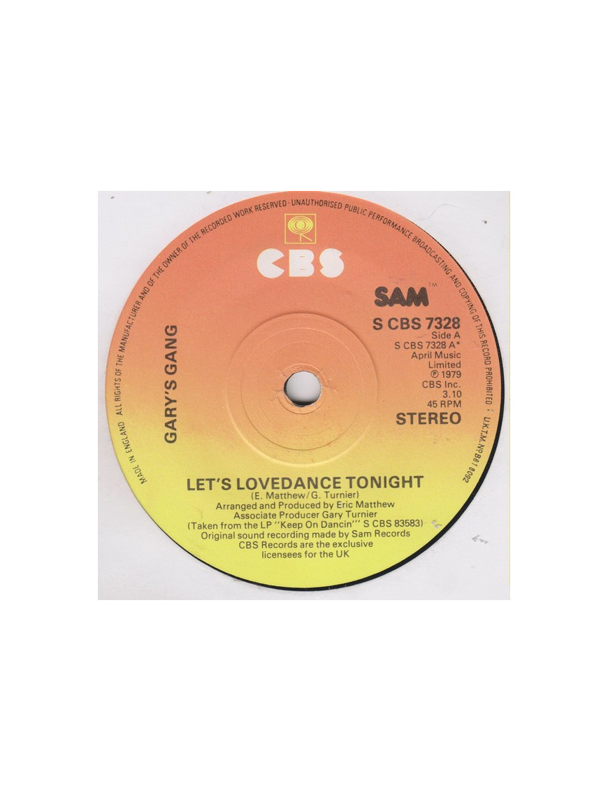 Let's Lovedance Tonight [Gary's Gang] - Vinyl 7", 45 tr/min, Single, Stéréo [product.brand] 1 - Shop I'm Jukebox 