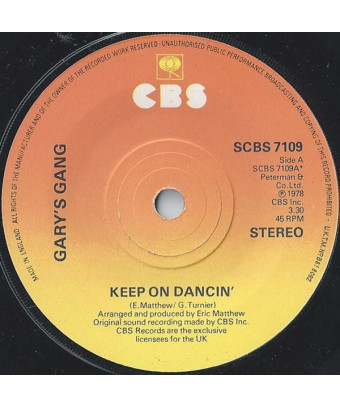 Keep On Dancin' [Gary's Gang] - Vinyl 7", 45 RPM, Single, Stéréo