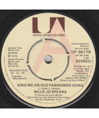 Sing Me An Old Fashioned Song [Billie Jo Spears] - Vinyl 7", Promo