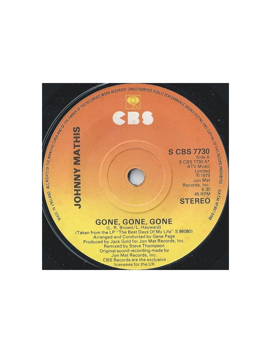 Gone, Gone, Gone [Johnny Mathis] - Vinyl 7", 45 RPM, Single, Stereo [product.brand] 1 - Shop I'm Jukebox 