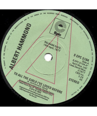 To All The Girls I've Loved Before [Albert Hammond] - Vinyl 7", 45 RPM, Single, Promo [product.brand] 1 - Shop I'm Jukebox 