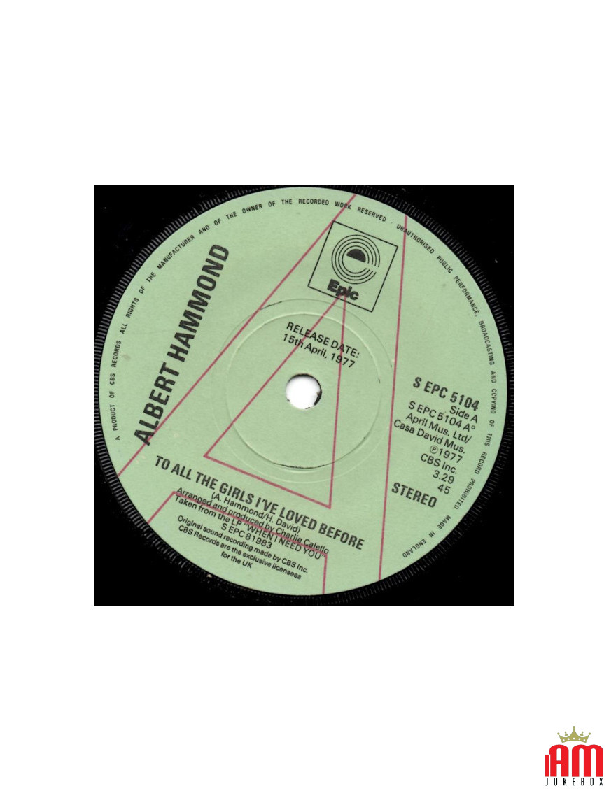 À toutes les filles que j'ai aimées avant [Albert Hammond] - Vinyl 7", 45 RPM, Single, Promo