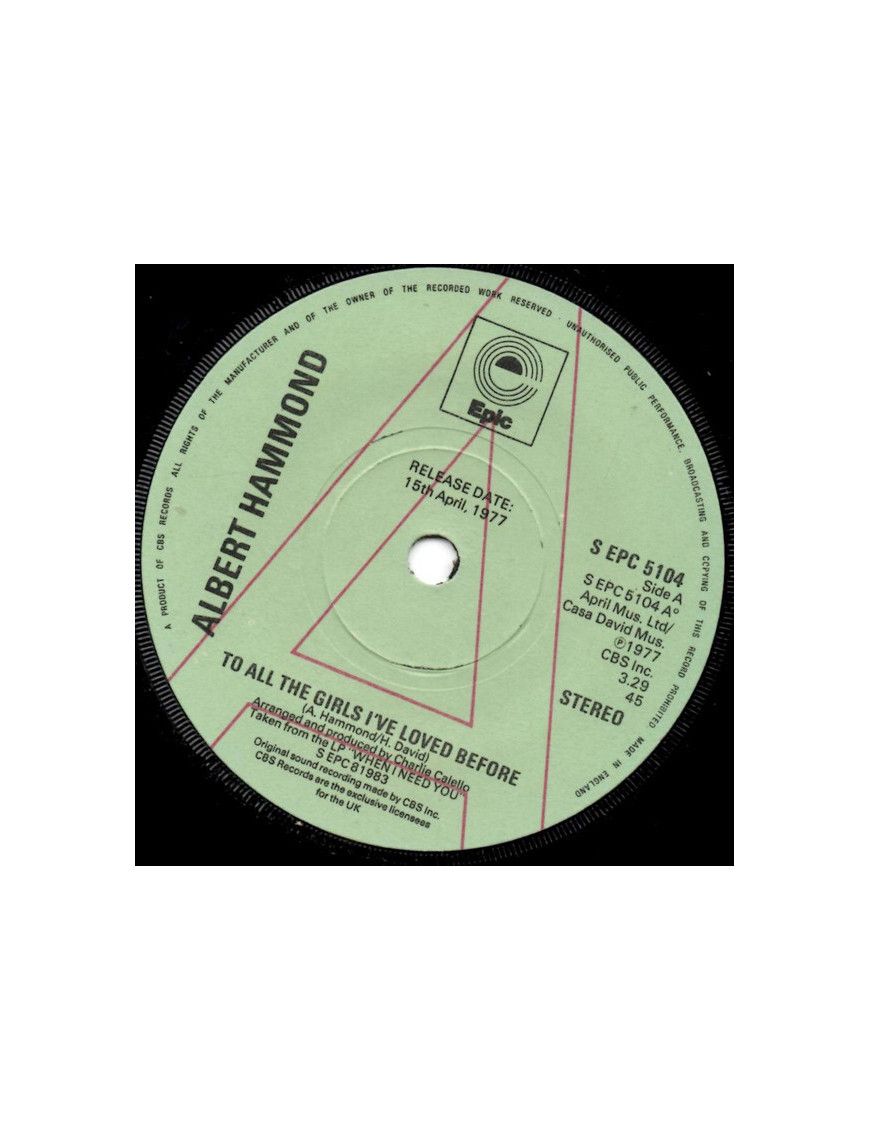 To All The Girls I've Loved Before [Albert Hammond] - Vinyl 7", 45 RPM, Single, Promo [product.brand] 1 - Shop I'm Jukebox 