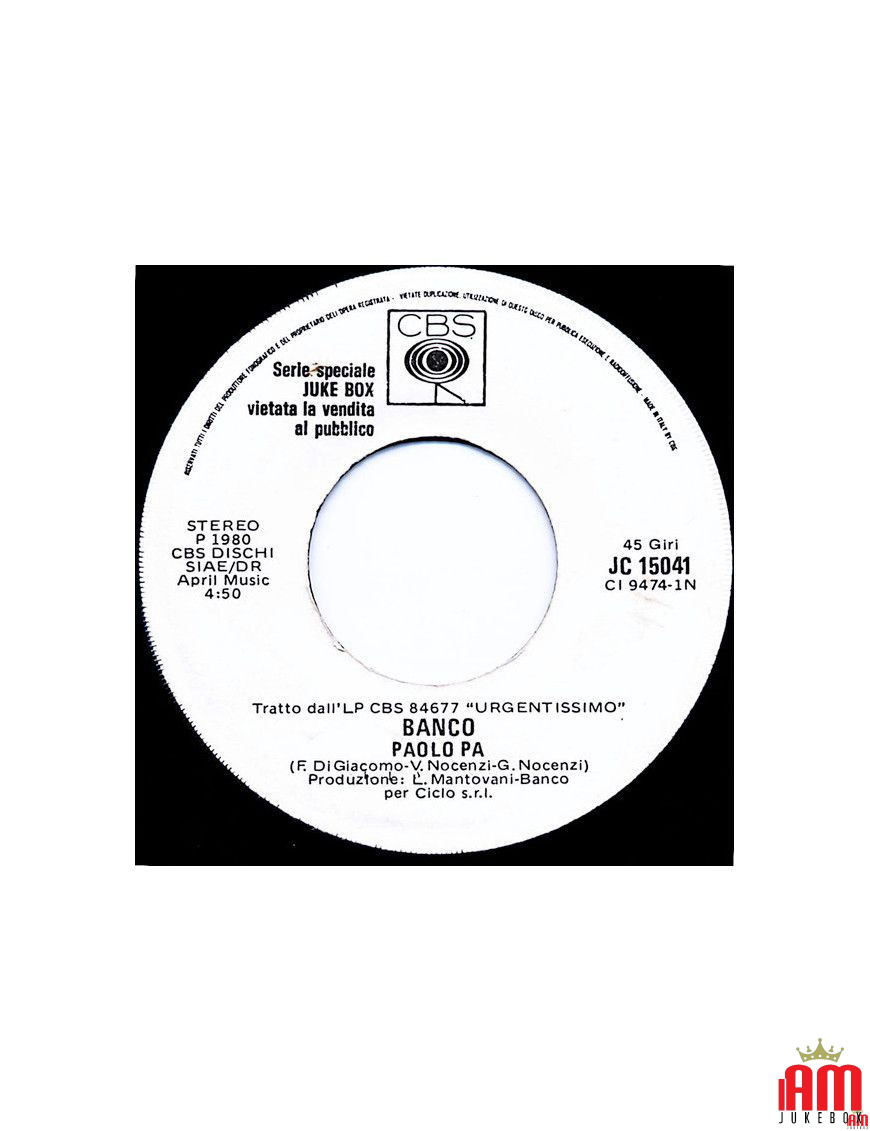 Paolo Pa Hey [Banco Del Mutuo Soccorso,...] - Vinyl 7", 45 RPM, Jukebox [product.brand] 1 - Shop I'm Jukebox 