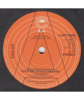 Give Me Shakespeare [Sailor] - Vinyl 7", 45 RPM, Single, Promo