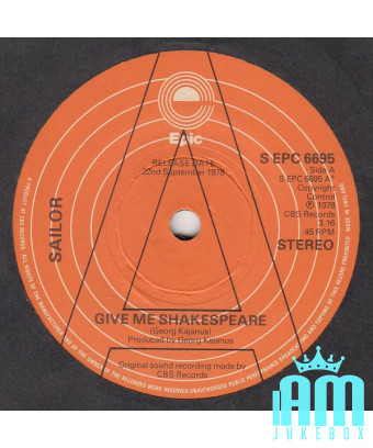 Give Me Shakespeare [Sailor] - Vinyle 7", 45 RPM, Single, Promo [product.brand] 1 - Shop I'm Jukebox 