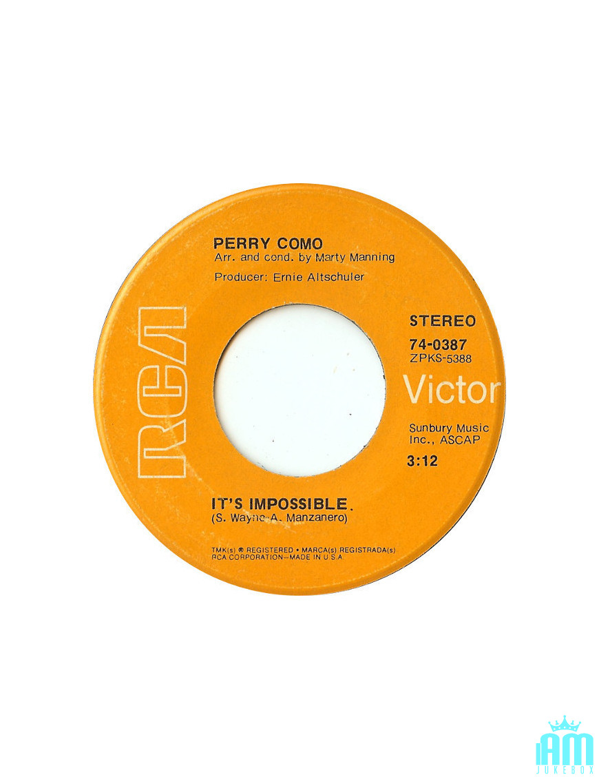 It's Impossible [Perry Como] – Vinyl 7", 45 RPM, Single [product.brand] 1 - Shop I'm Jukebox 