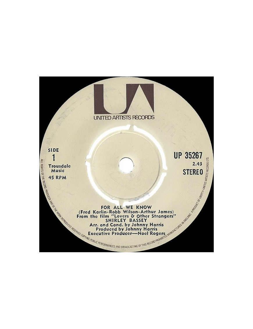 For All We Know [Shirley Bassey] - Vinyl 7", Single, 45 RPM [product.brand] 1 - Shop I'm Jukebox 