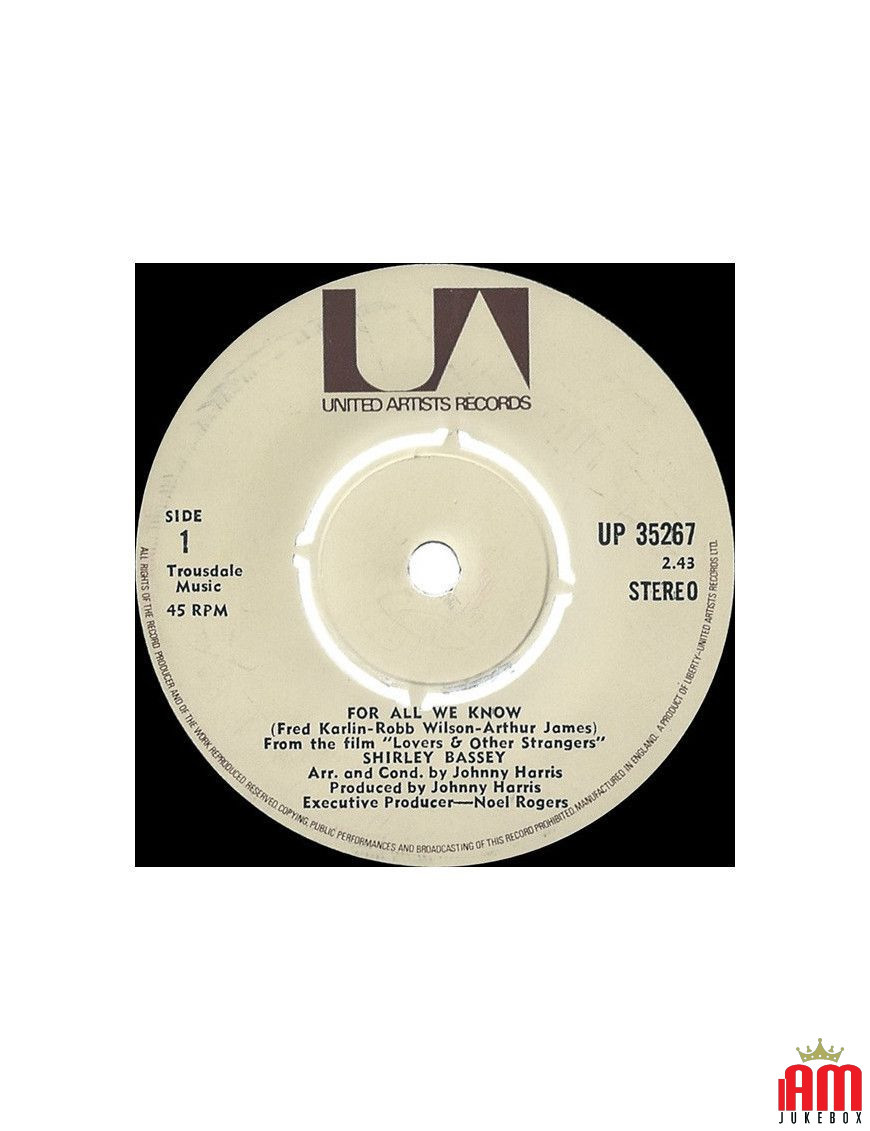 For All We Know [Shirley Bassey] - Vinyl 7", Single, 45 RPM