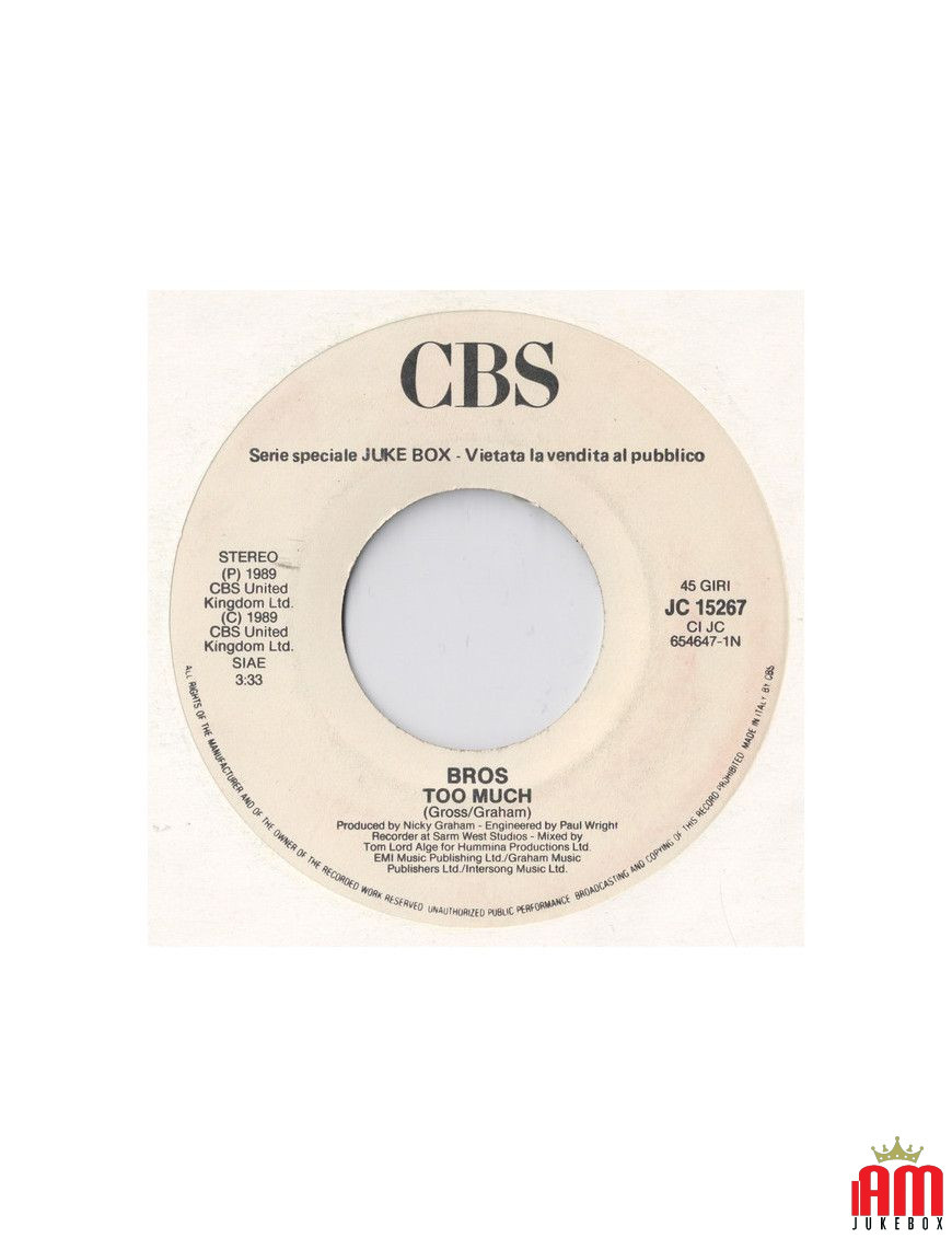 Too Much Be Free With Your Love [Bros,...] - Vinyl 7", 45 RPM, Jukebox [product.brand] 1 - Shop I'm Jukebox 