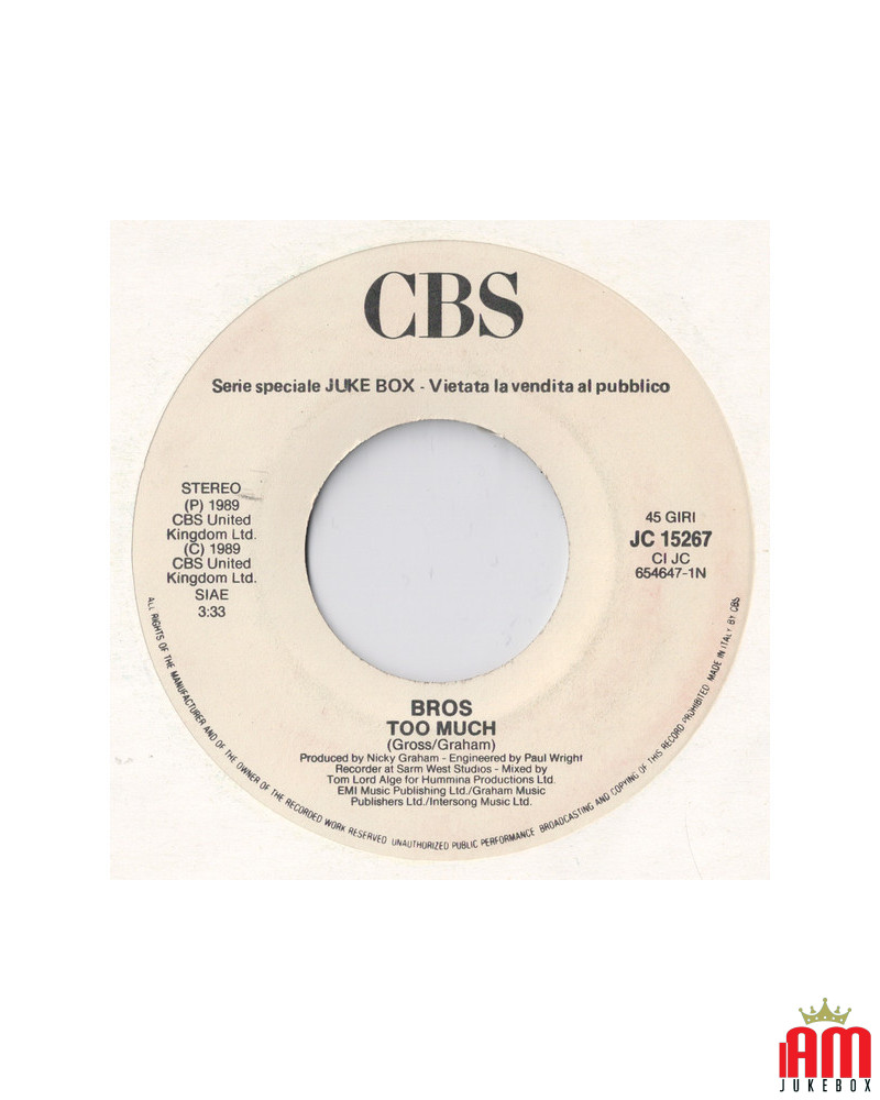 Too Much Be Free With Your Love [Bros,...] - Vinyle 7", 45 RPM, Jukebox [product.brand] 1 - Shop I'm Jukebox 