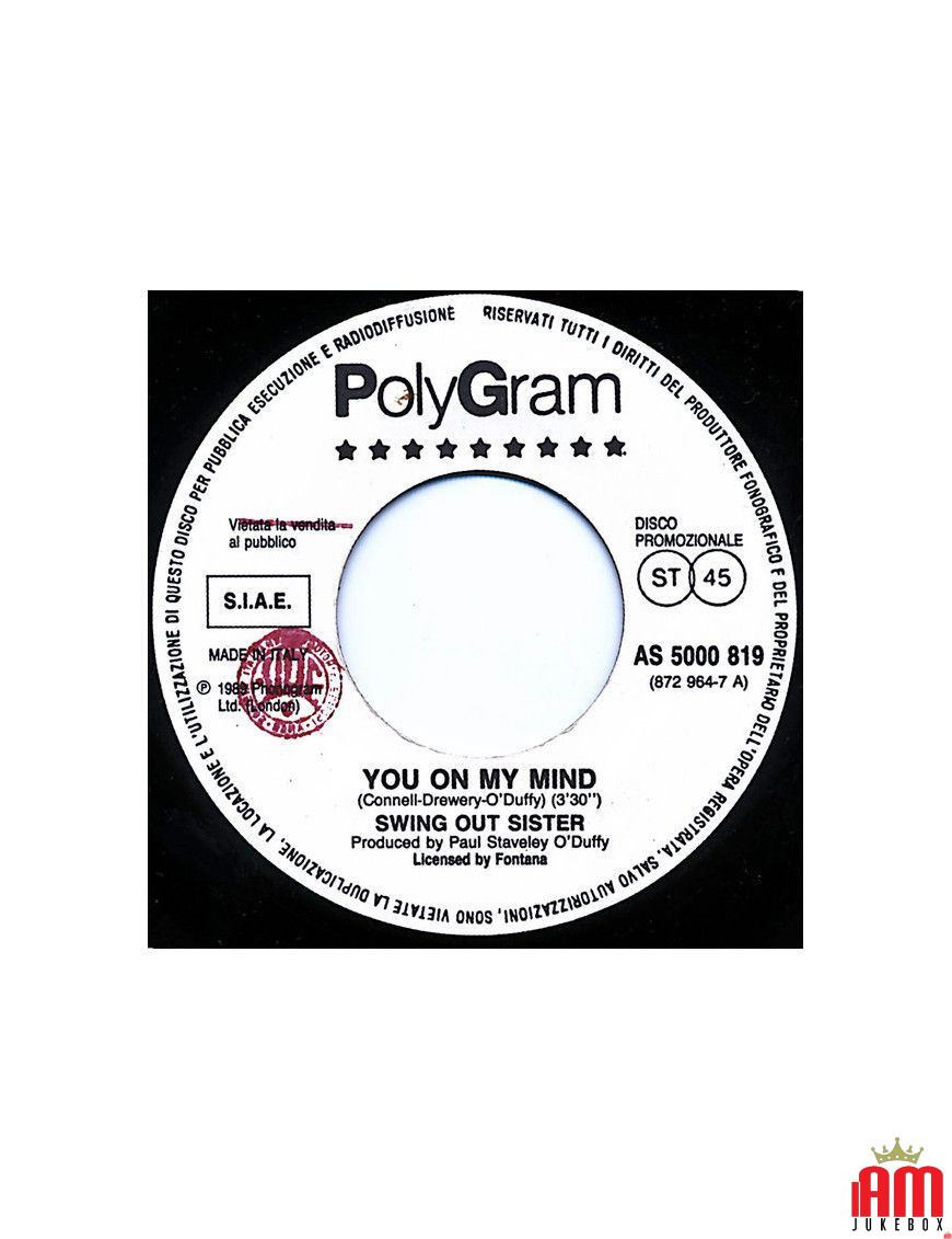 You On My Mind Madre Negra Aparecida [Swing Out Sister,...] – Vinyl 7", 45 RPM, Promo [product.brand] 1 - Shop I'm Jukebox 