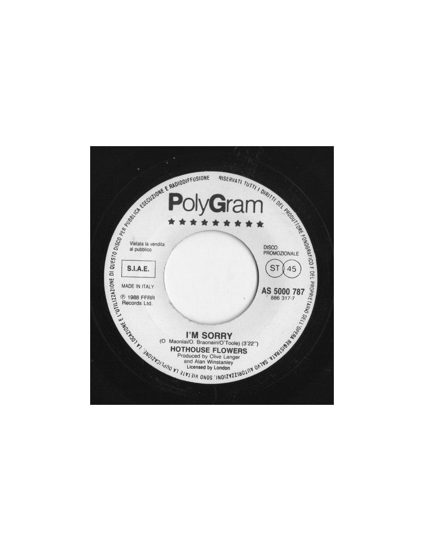 I'm Sorry Ye Ke Ye Ke [Hothouse Flowers,...] - Vinyl 7", 45 RPM, Promo [product.brand] 1 - Shop I'm Jukebox 