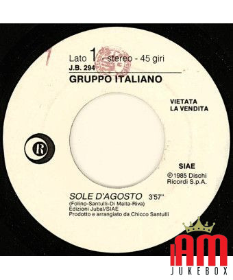 Sole D'Agosto I'll Go Crazy [Gruppo Italiano,...] - Vinyle 7", 45 RPM, Jukebox [product.brand] 1 - Shop I'm Jukebox 