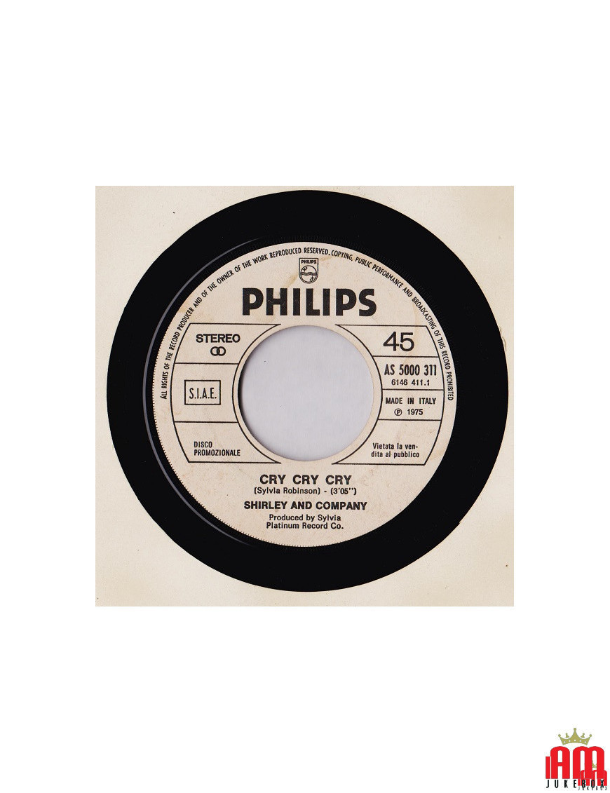 Cry Cry Cry Sorry [Shirley & Company,...] - Vinyle 7", 45 RPM, Promo [product.brand] 1 - Shop I'm Jukebox 