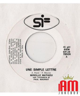 Une Simple Lettre [Mireille Mathieu] – Vinyl 7", 45 RPM, Jukebox [product.brand] 1 - Shop I'm Jukebox 