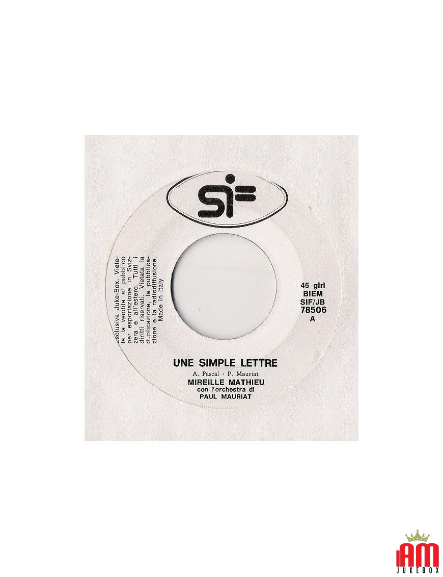 Une Simple Lettre [Mireille Mathieu] - Vinyl 7", 45 RPM, Jukebox [product.brand] 1 - Shop I'm Jukebox 