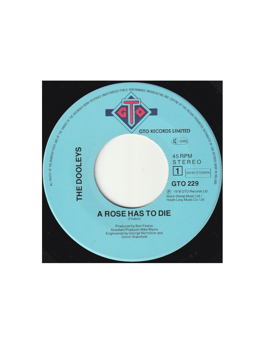 A Rose Has To Die [The Dooleys] - Vinyl 7", 45 RPM, Single, Stéréo