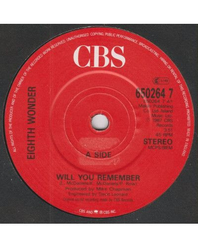 Will You Remember [Eighth Wonder] - Vinyl 7", 45 RPM, Single, Stereo [product.brand] 1 - Shop I'm Jukebox 