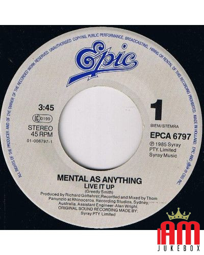 Live It Up [Mental As Anything] - Vinyl 7", 45 RPM, Single, Stereo [product.brand] 1 - Shop I'm Jukebox 